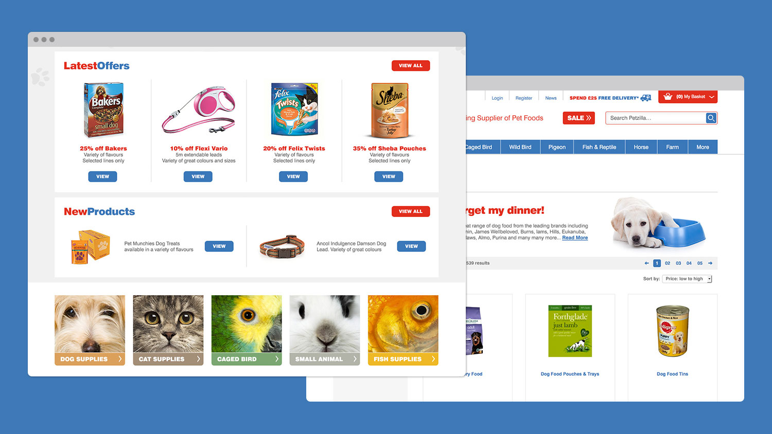 Petzilla Homepage and Product Listings